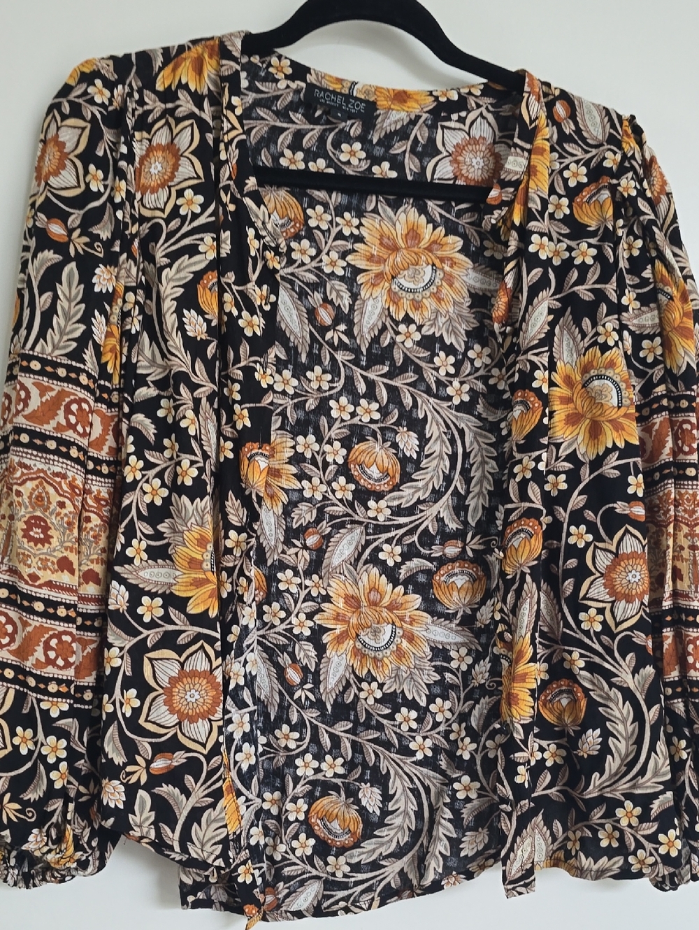Rachel Zoe Black Floral Paisley Open Cardigan with Mustard Accents